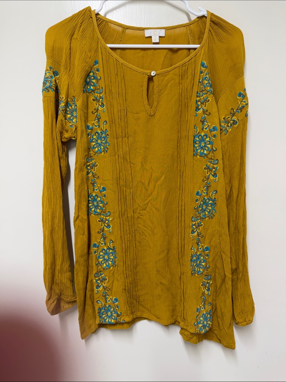 C Mustard Long-Sleeve Tunic with Teal Embroidery